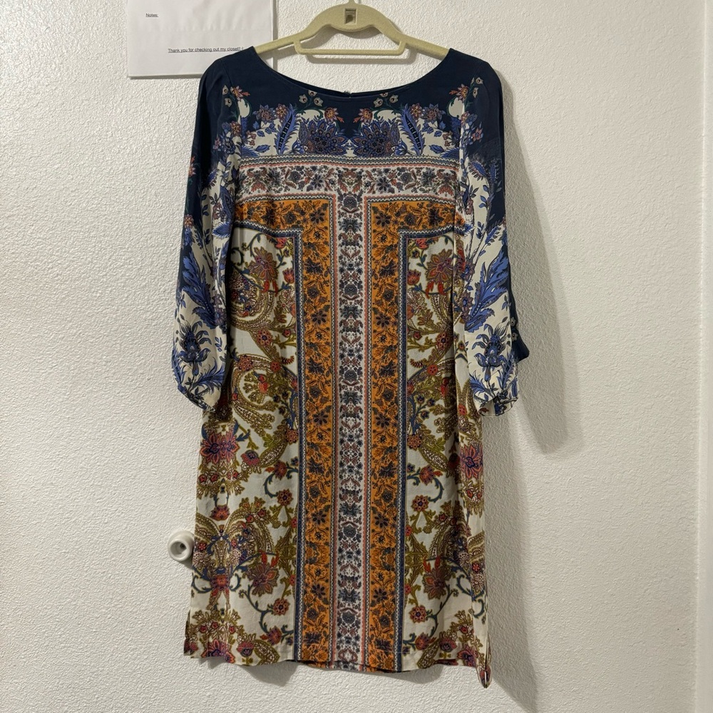 Anthropologie Maeve Barcelona Silk Dress Boho Hippie Shift Size 0 Bell Sleeve‎ - Picture 4 of 6